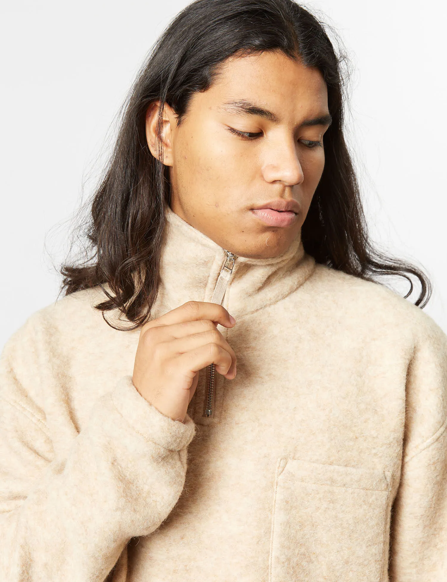 Universal Works Ramsay Stone Grey Quarter Zip Fleece Pullover - Mens Casual Warmth and Style